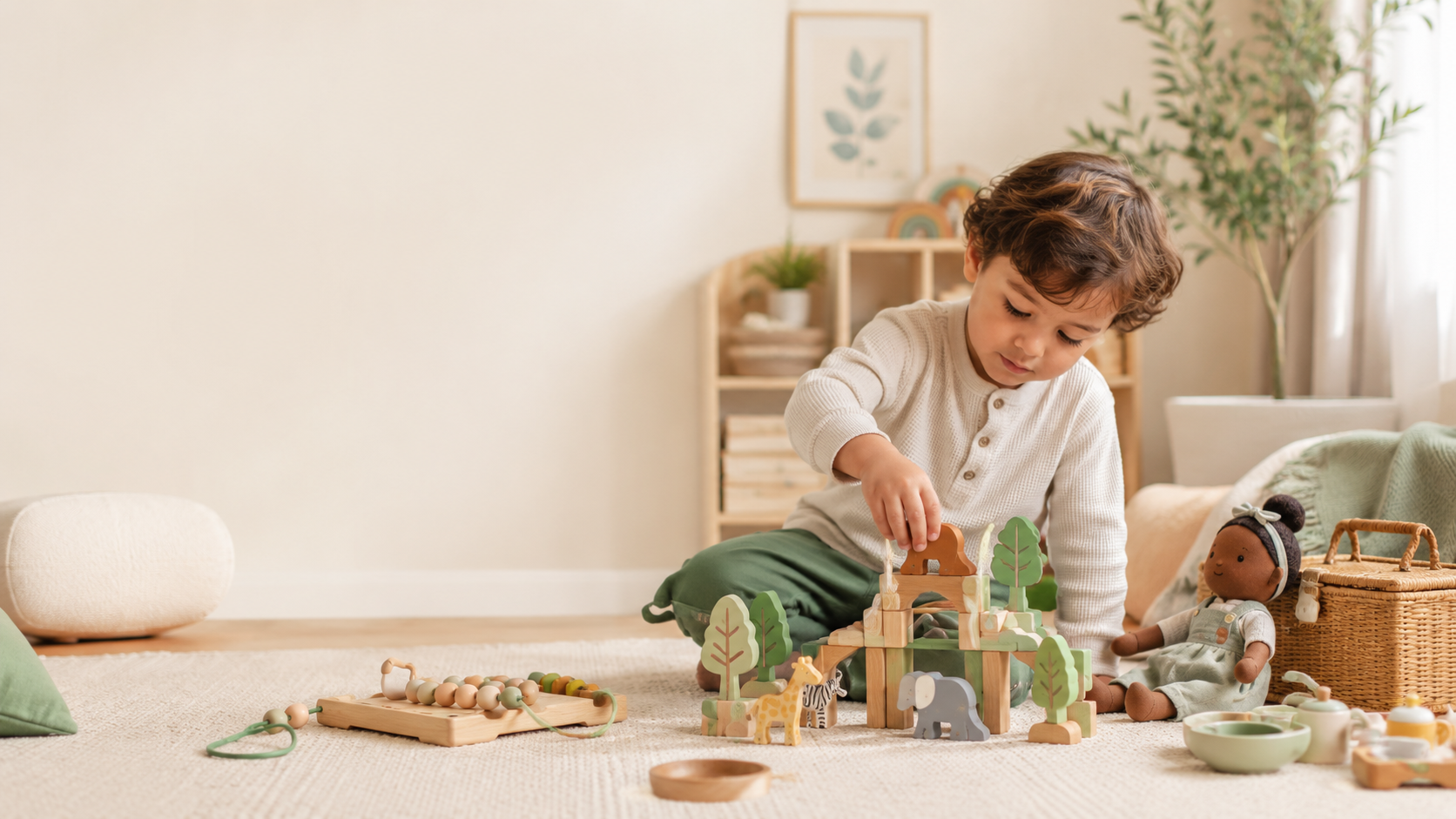 Criança concentrada a brincar com brinquedos educativos de madeira