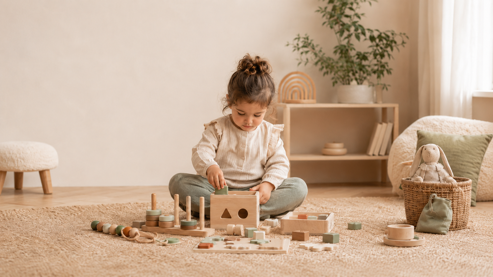 Criança a brincar com brinquedos educativos que apoiam atenção, imaginação e desenvolvimento infantil